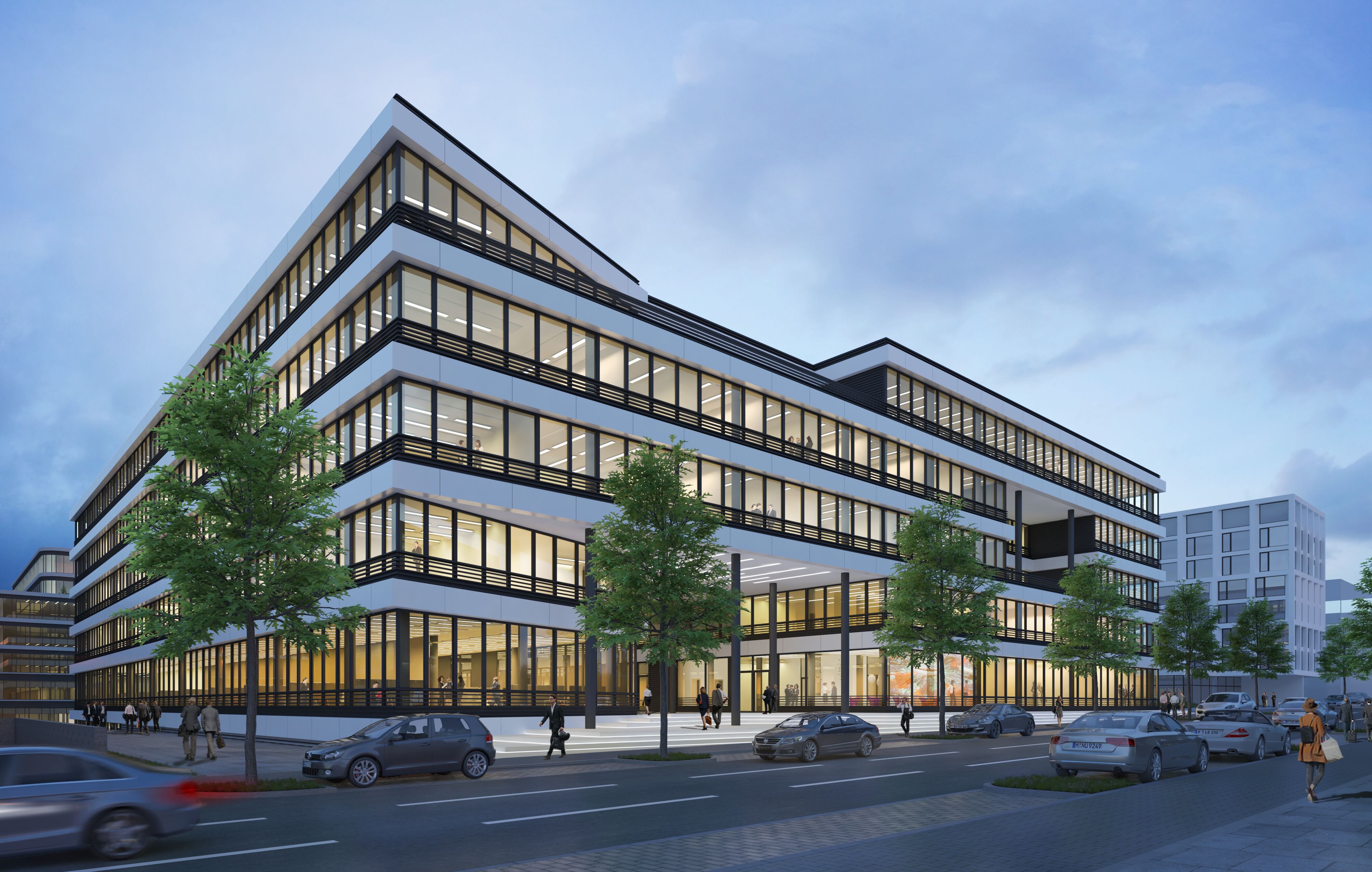NOVIA: Projekt Schwarzbachquartier in Ratingen (Visualisierung Außenansicht bei Dämmerung)