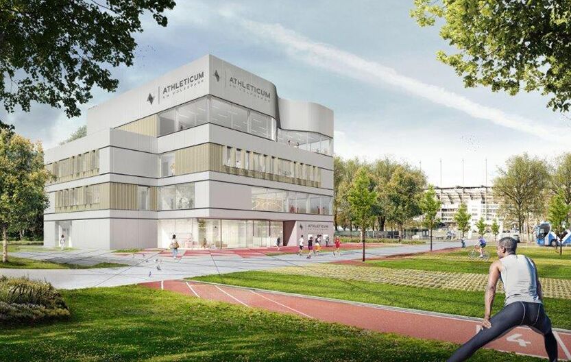 NOVIA: Projekt AAV Athleticum in Hamburg (Visualisierung Außenansicht des Gebäudes und Sportgelände)