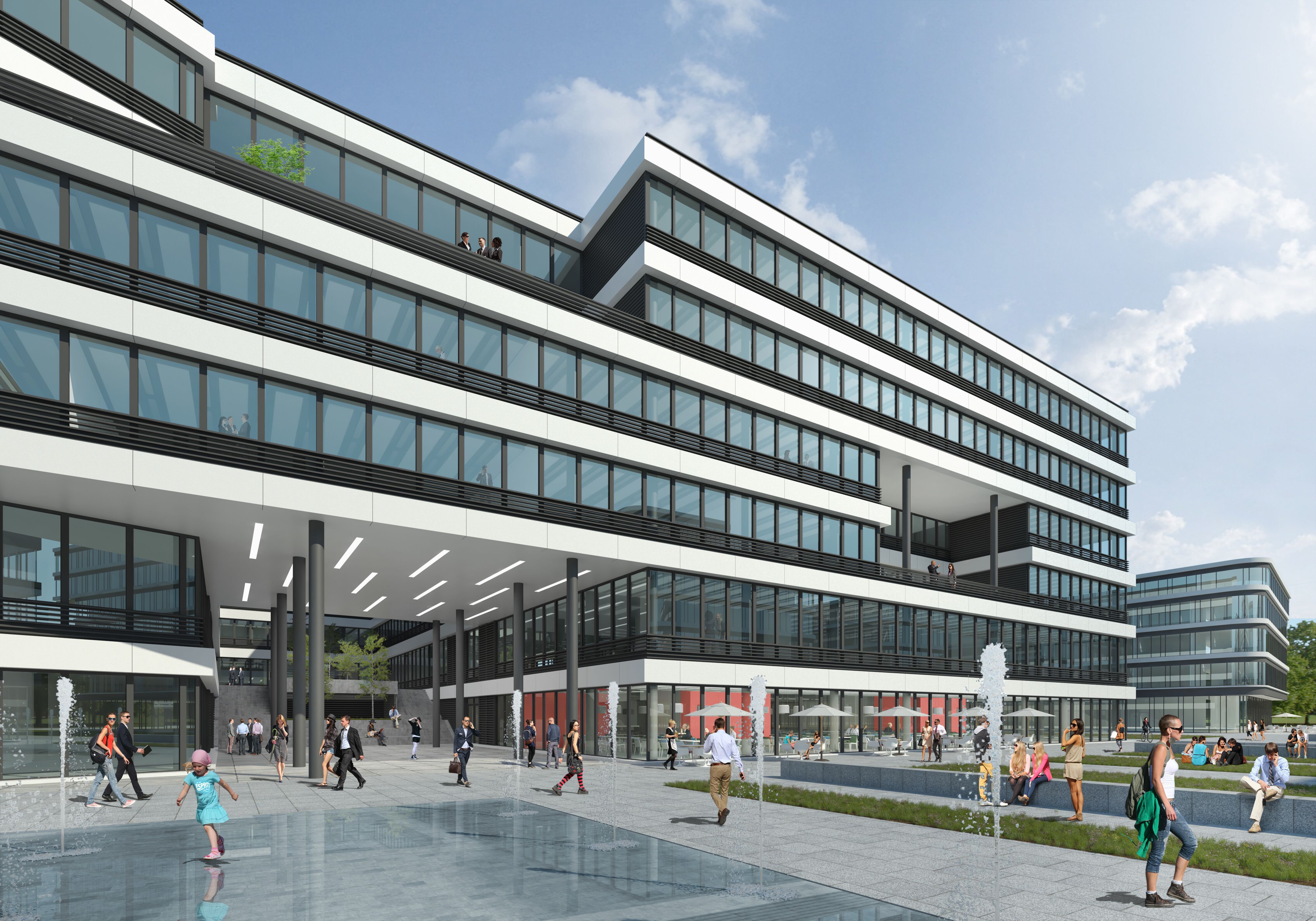 NOVIA: Projekt Schwarzbachquartier in Ratingen (Visualisierung Außenansicht Eingang und Vorplatz)