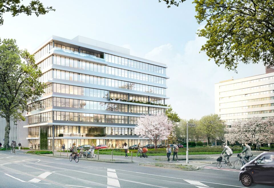 NOVIA: Projekt KAP 2 "Levelz" in Düsseldorf (Ansicht des gläsernen Bürogebäudes von der Straße aus)