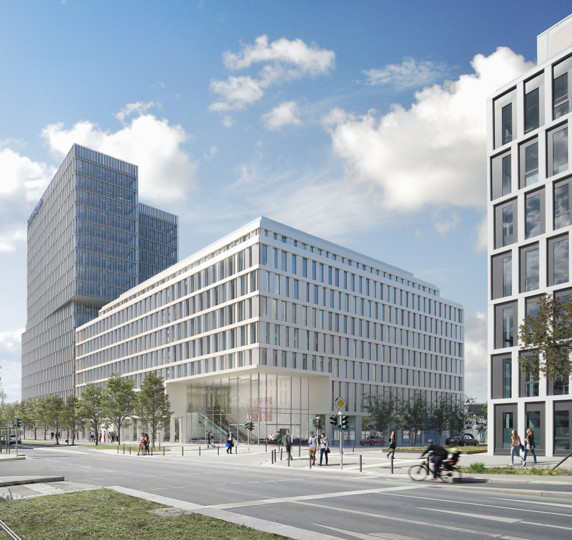 NOVIA: Projekt FAZ Tower in Frankfurt am Main (Visualisierung Außenansicht des beleuchteten Gebäudes - quadratisches Bildformat)